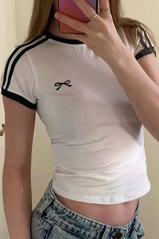 White Striped Bow Crop Top