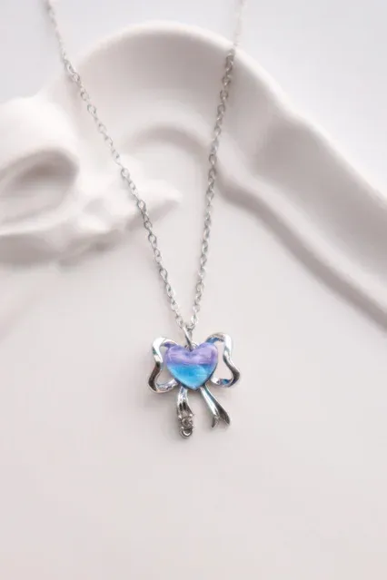 Purple Blue Bow Heart Necklace