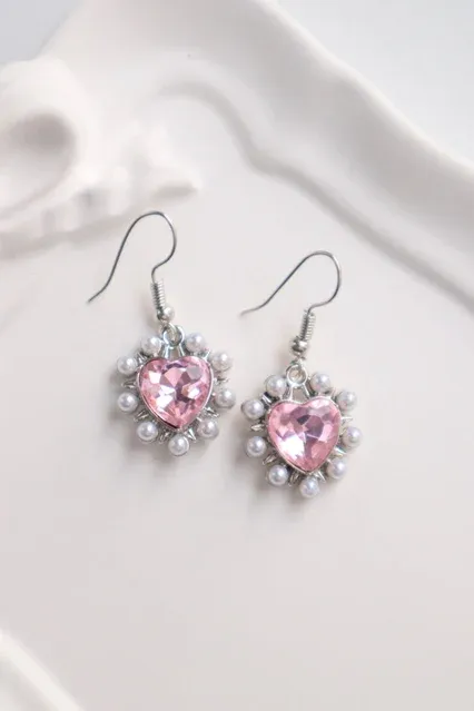 Pink Pearled Heart Earrings