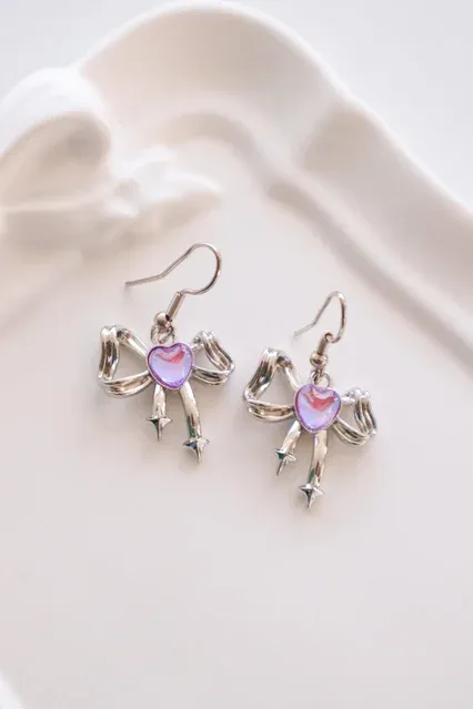 Pinkish Purple Bow Heart Earrings