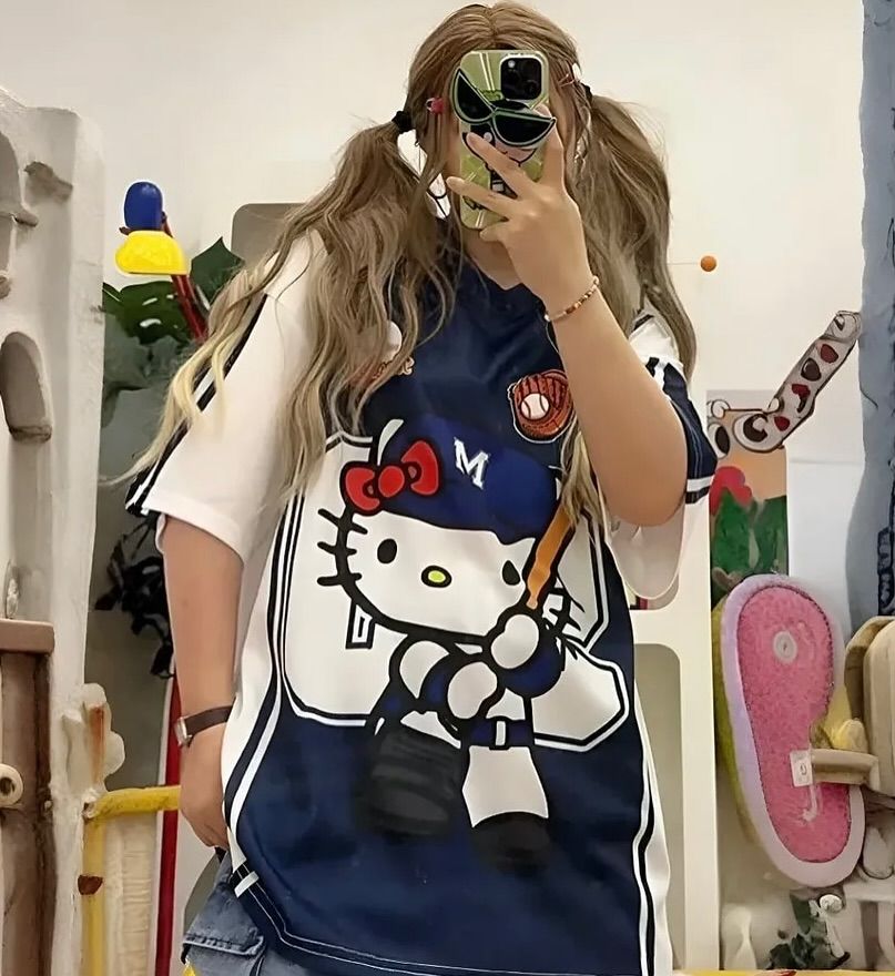 Navy Blue Baseball Hello Kitty Oversized  Unisex Jersey