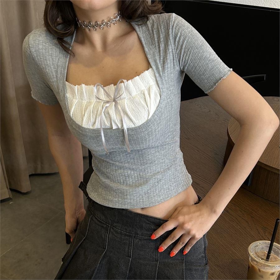 Gray Lace Collar Detailed Short Sleeve Blouse