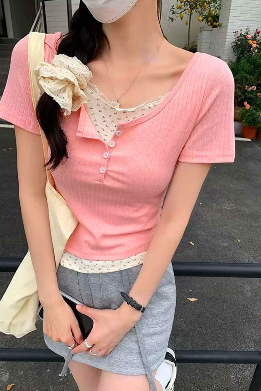 Pink Laced Flower Pattern Buttoned Short Sleeve Blouse