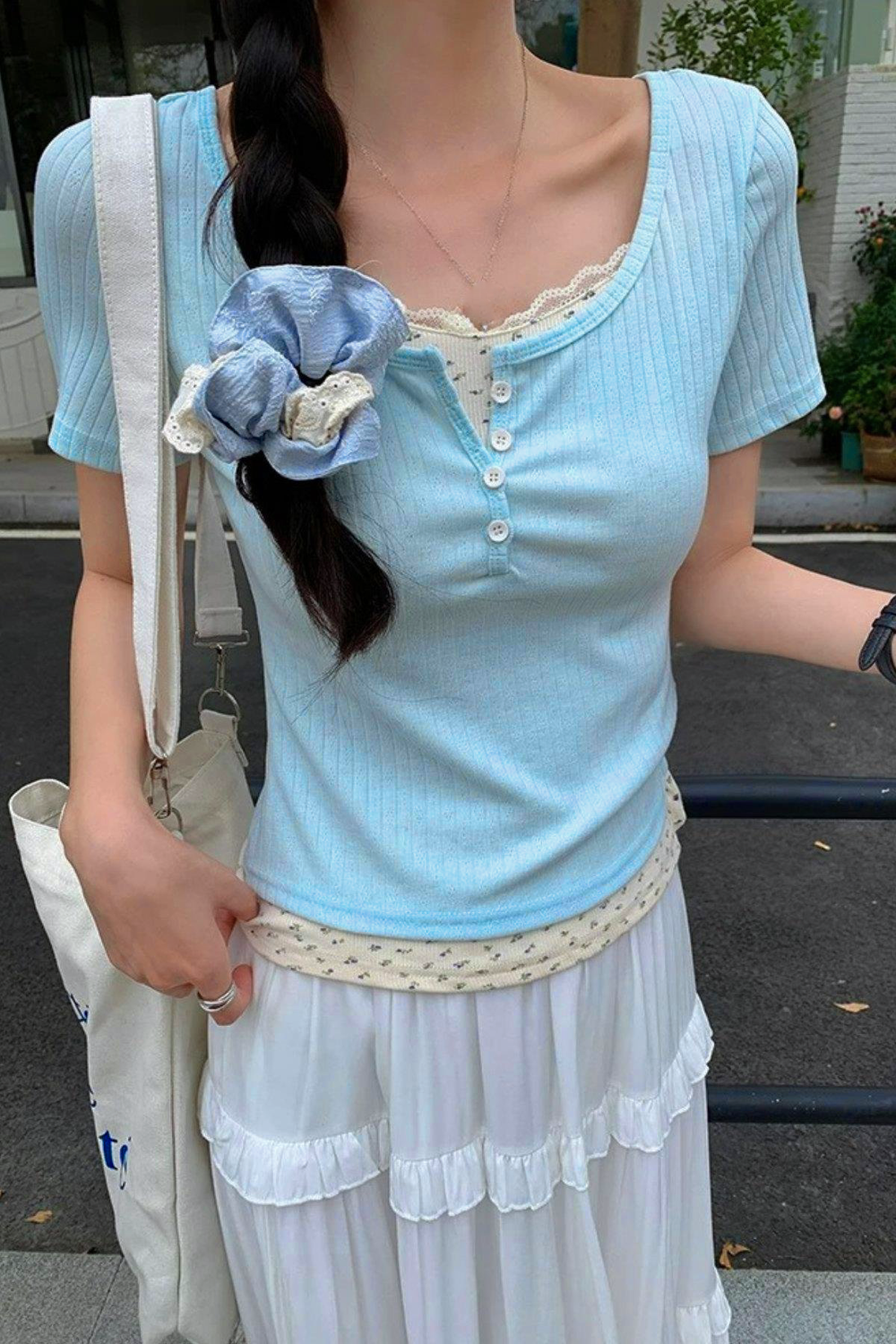 Blue Laced Flower Pattern Buttoned Short Sleeve Blouse