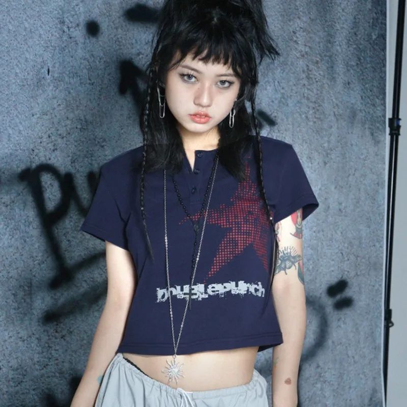 Punk Y2K Navy Blue Star Buttoned Short Sleeve Top