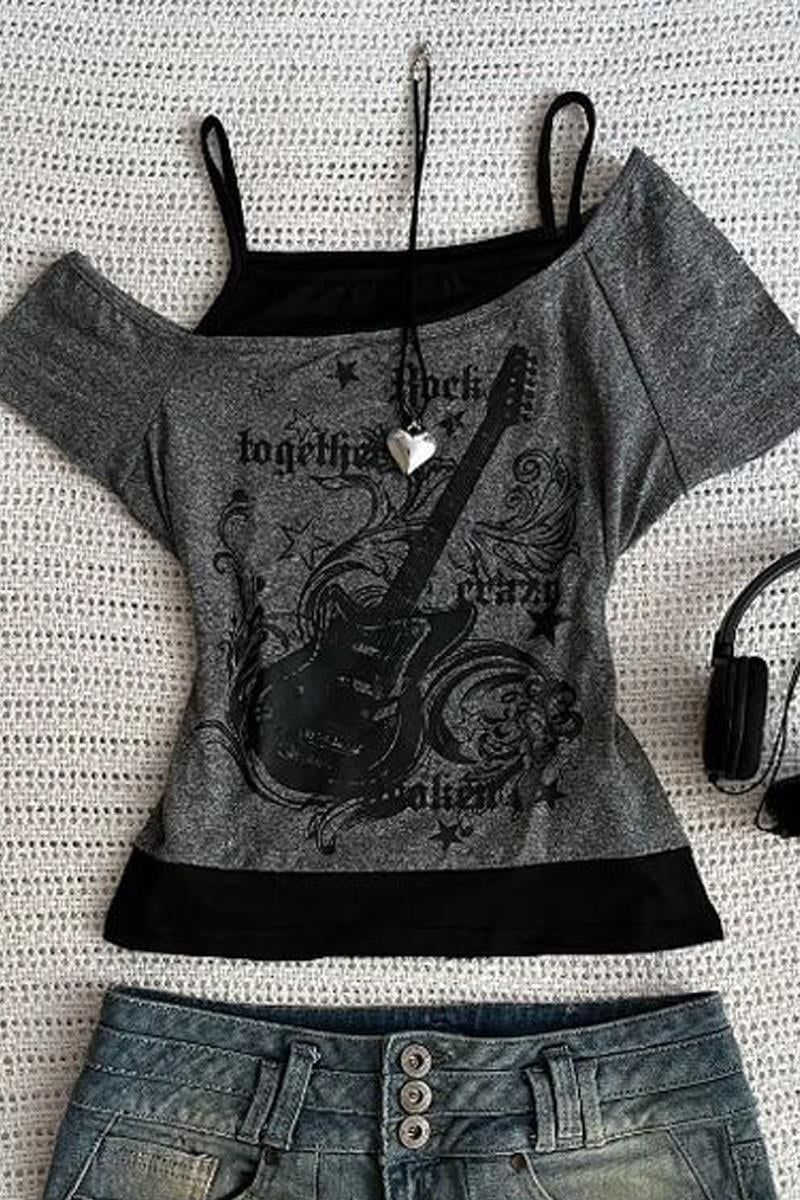 Y2k Gray Guitar Extra Tank Piece Waist Length Top