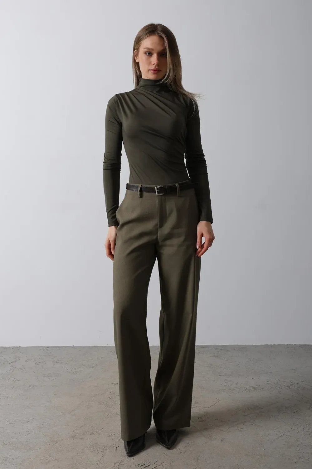 Khaki Green Belted Palazzo Pants