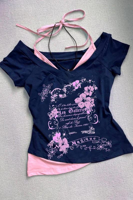Navy-Pink Tieable Waist Length Top