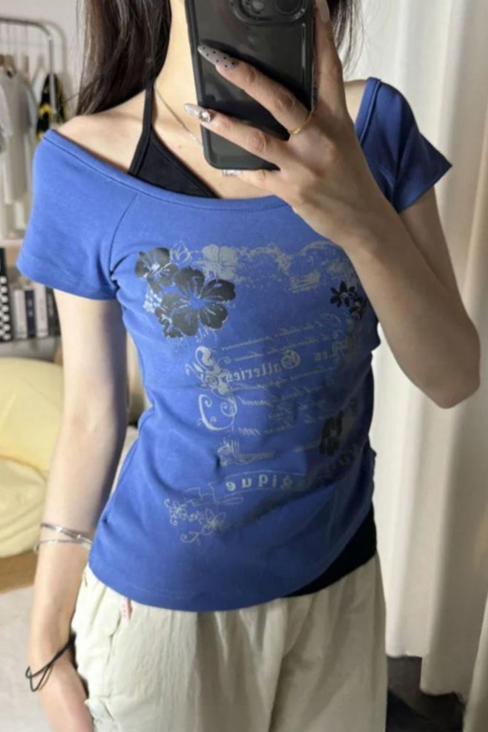 Blue-Black Tieable Waist Length Top