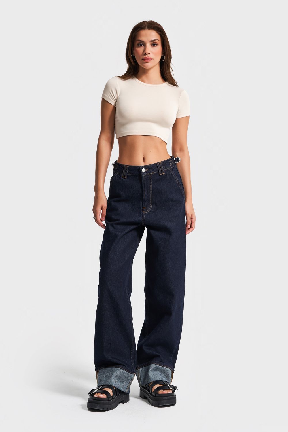 Baggy Loose Fit Belted Dark Blue Jeans