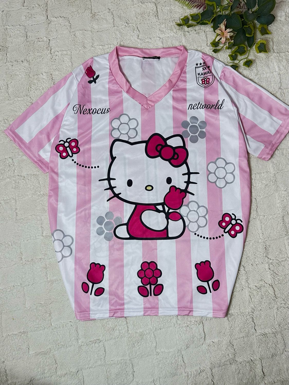 Pink and White Striped Hellokitty Oversized Unisex Jersey