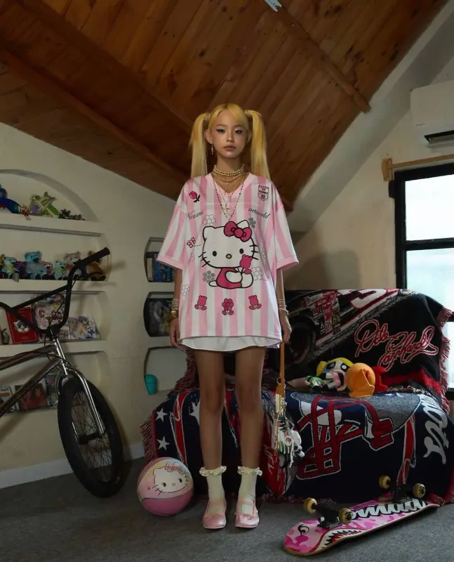 Pink and White Striped Hellokitty Oversized Unisex Jersey