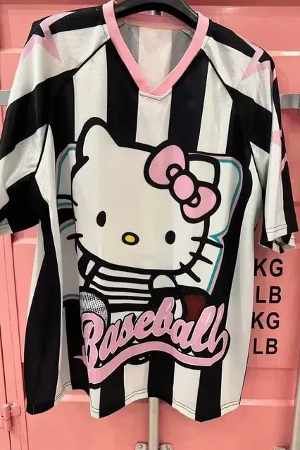 Black and White Striped Hellokitty Oversized Unisex Jersey