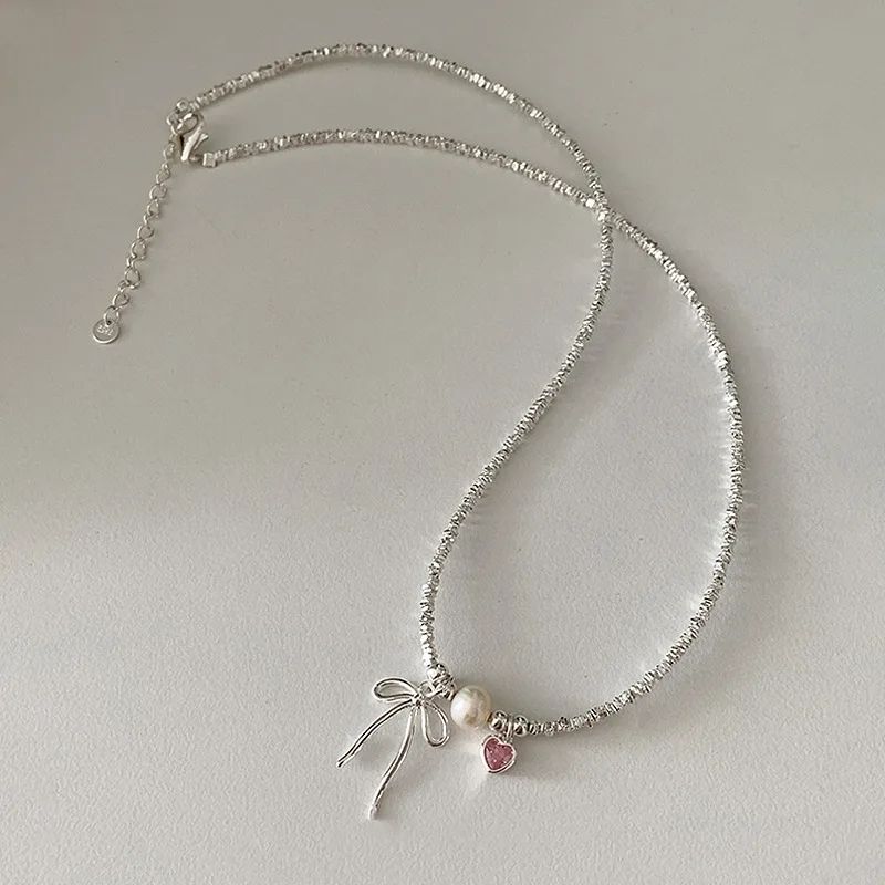 Pink Heart Zircon Bowknot Necklace 