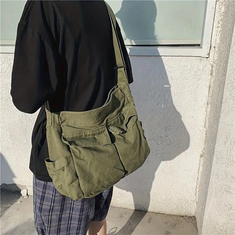 Khaki Double Pockets Large Messenger Bag