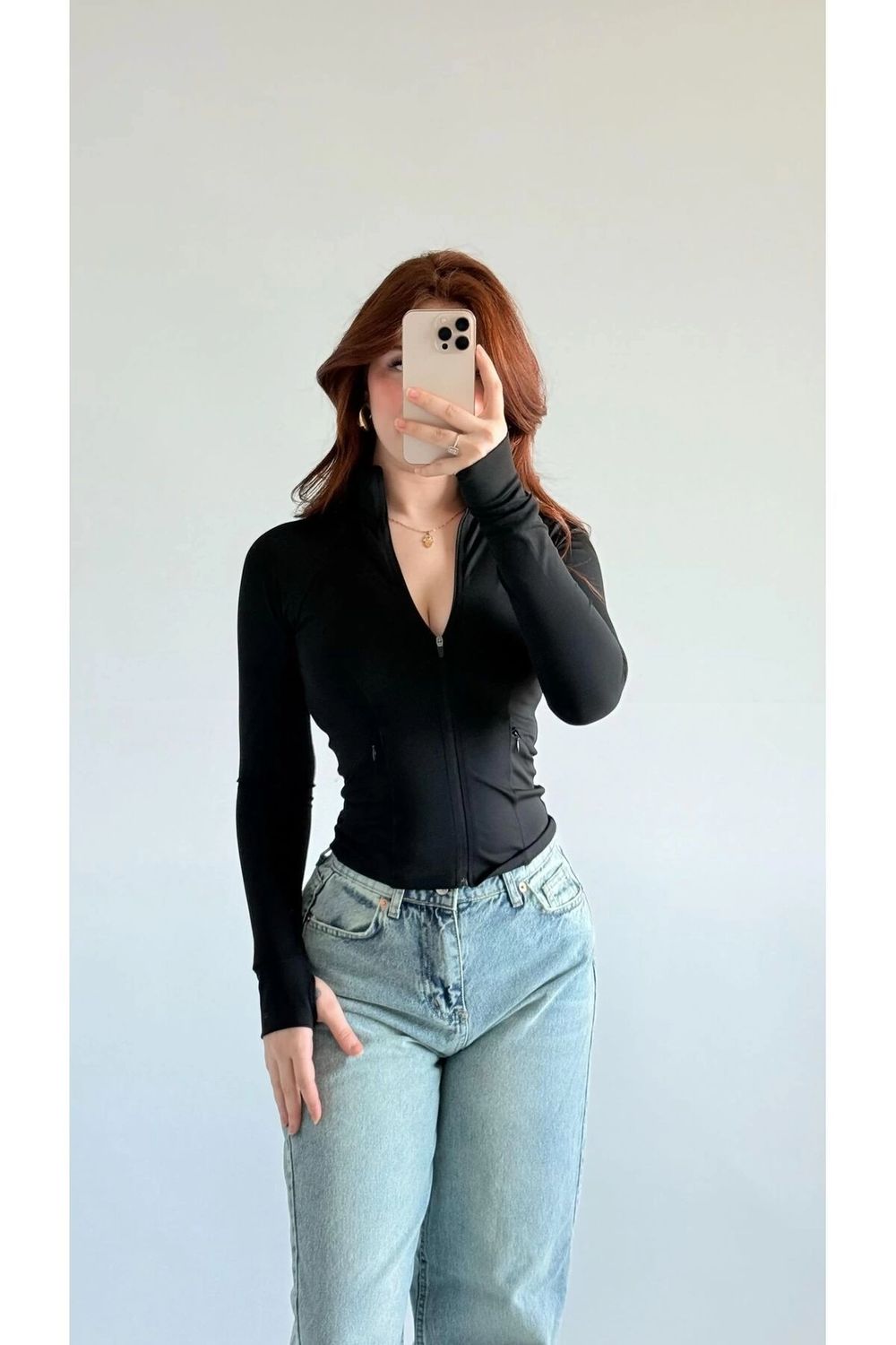 Black Basic Slim Fit Zippered Blouse