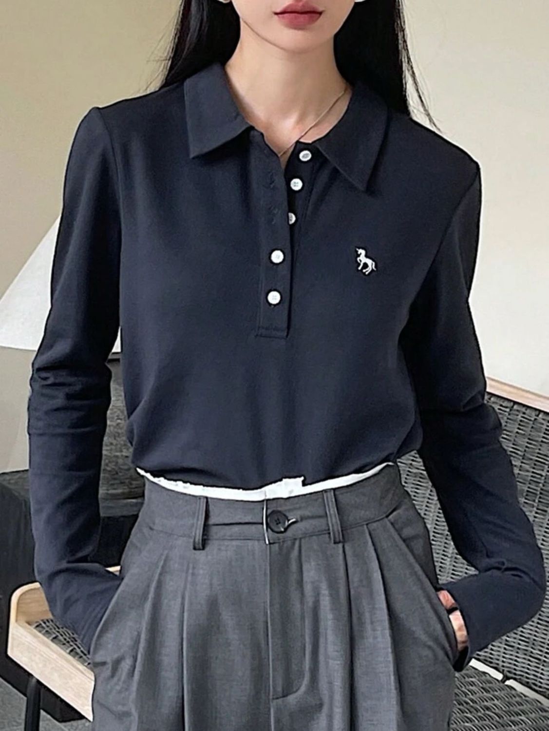 Navy Blue Unicorn Polo Long Sleeve Shirt
