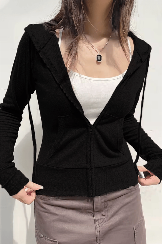 Black Fitted Y2K Zip Up Hoodie