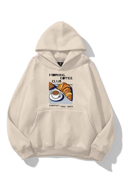Morning Coffee Club Beige Extra Oversized Hoodie