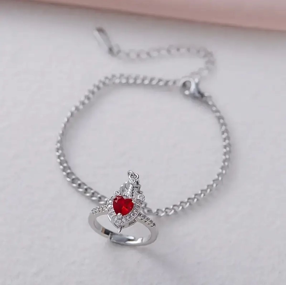2 Pcs Set STAINLESS STEEL Red Heart Ring and Sword Bracelet