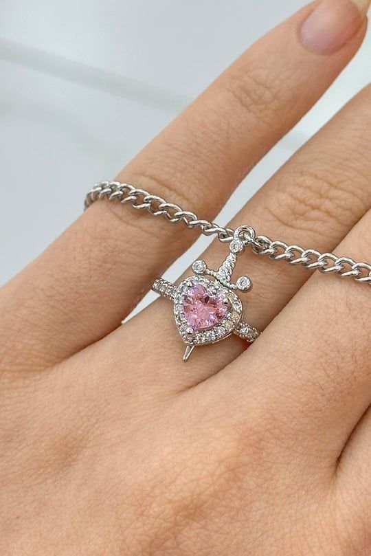 2 Pcs Set STAINLESS STEEL Pink Heart  Ring and  Sword Bracelet 