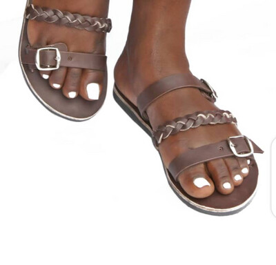 Brown woven stripped ladies sandals with tighteners