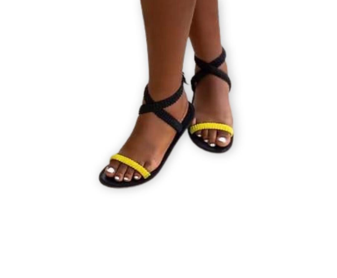 Black smooth leather ladies sandals with yellow stripes