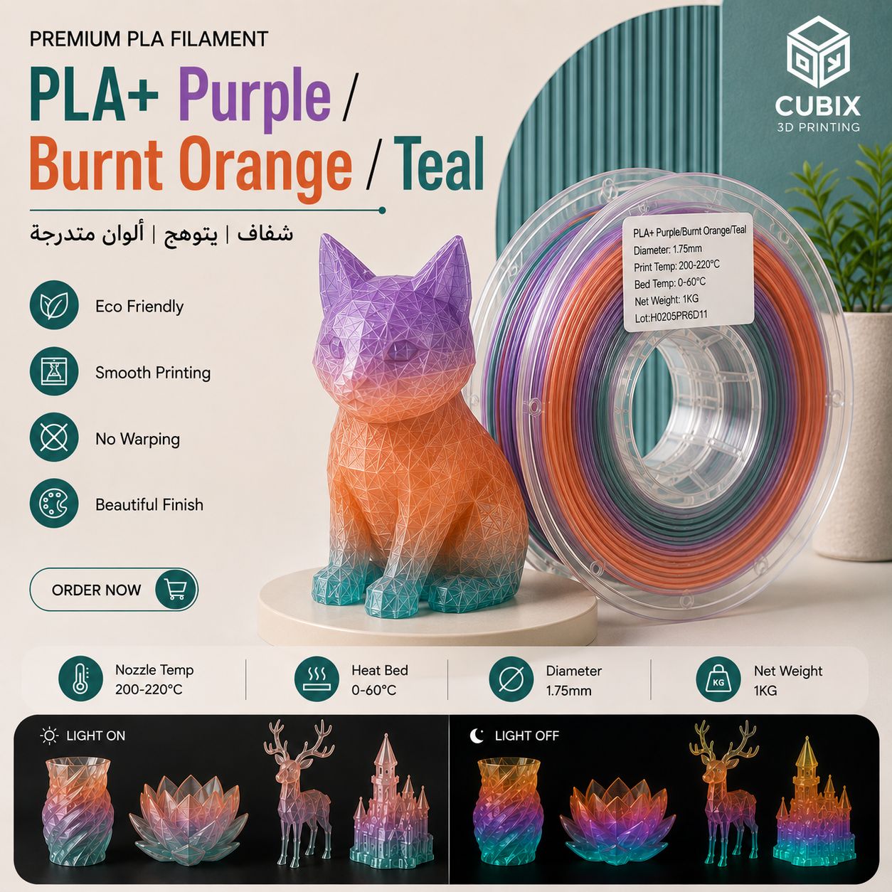 PLA+ Purple/Burnt Orange/Teal Filament