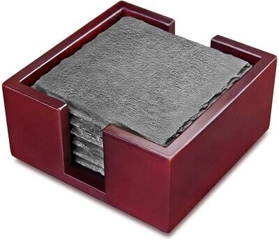 Slate Coasters Square, Set of 6 with Solid Wood Holder
