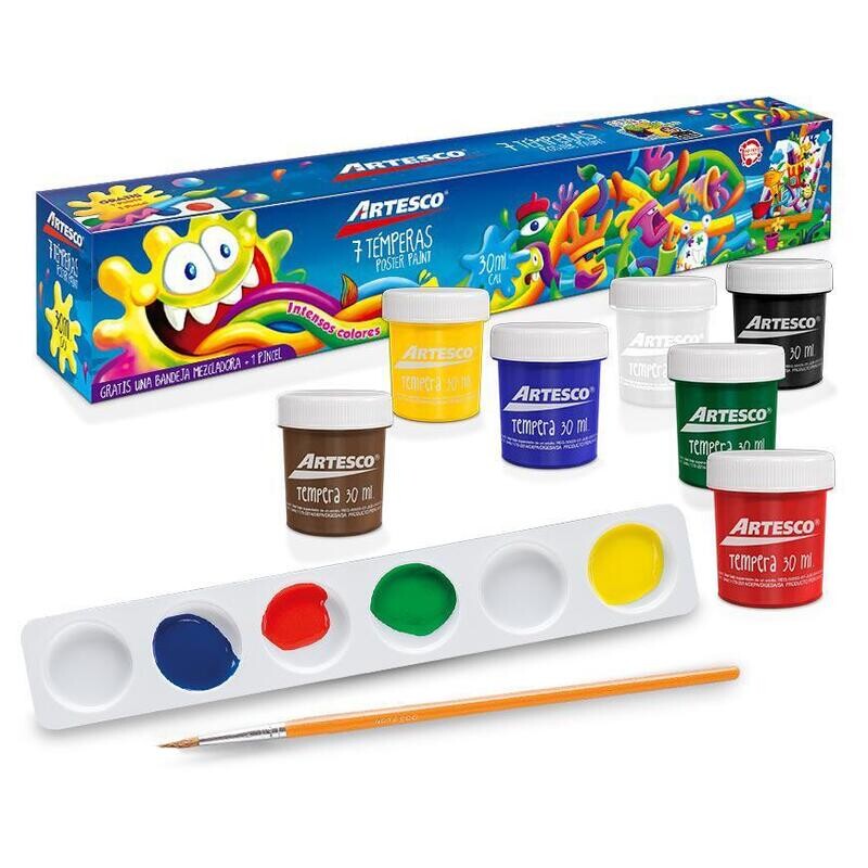 TÉMPERAS X 7 COLORES+ PINCEL + PALETA MEZCADORA ARTESCO