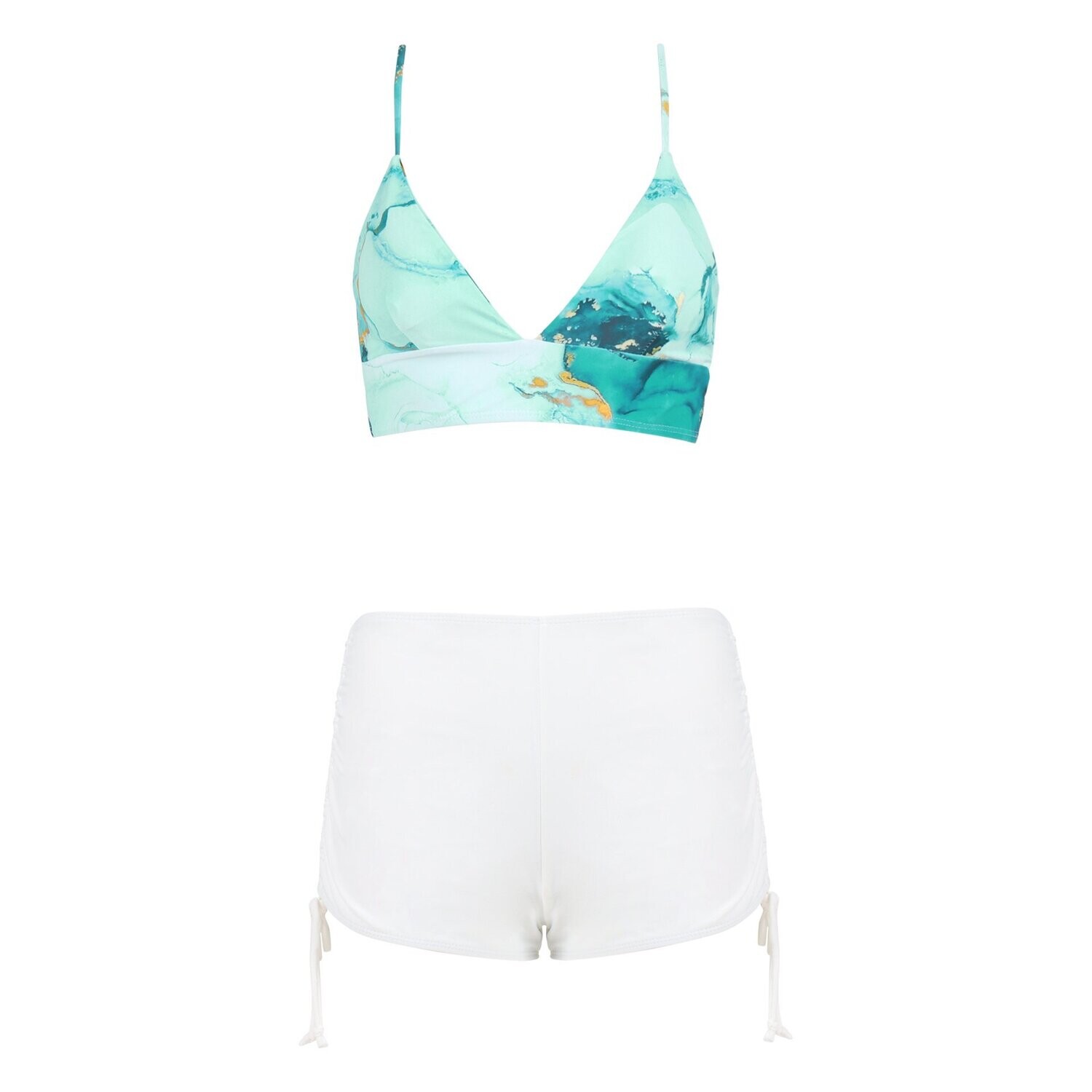 Teal Bikini Top w/ White Tie Shorts