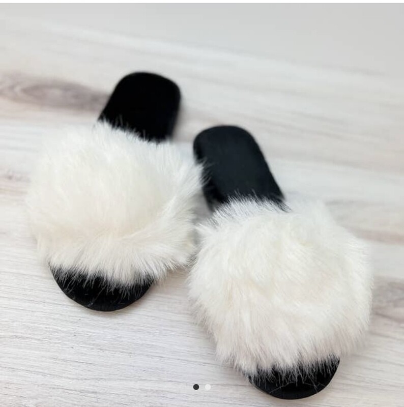 White Faux Fur Plush Slides