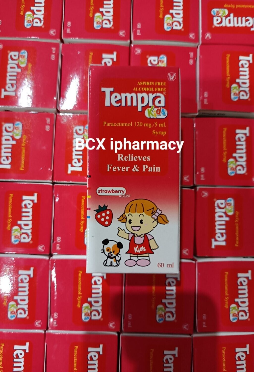 Tempra kids- Paracetamol 120mg/5ml syrup စတော်ဘယ်ရီအရသာ ကလေးအကိုက်အခဲနှင့်အဖျားကျဆေးရည်