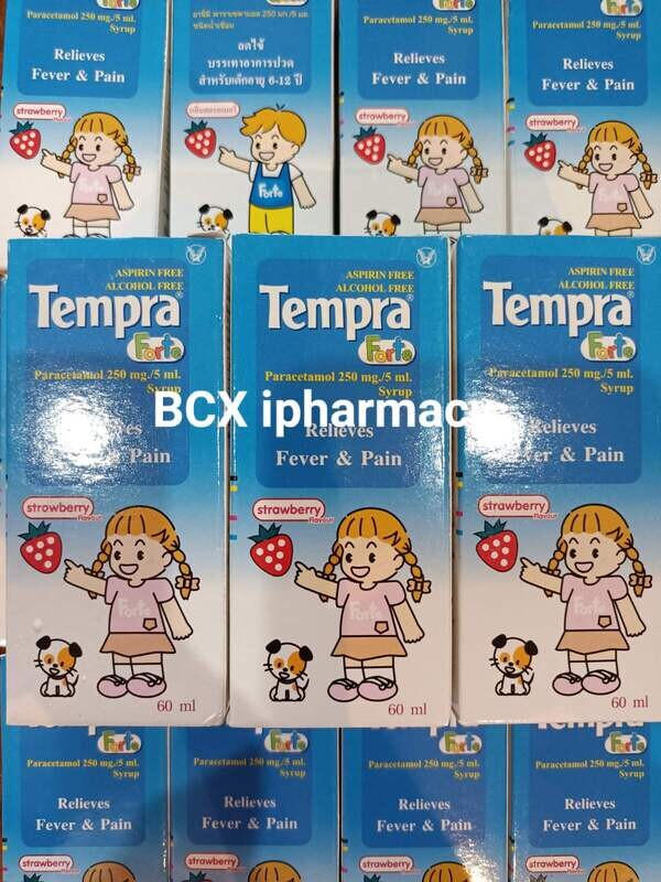 Tempra kids- Paracetamol 250mg/5ml syrup စတော်ဘယ်ရီအရသာ ကလေးအကိုက်အခဲနှင့်အဖျားကျဆေးရည်