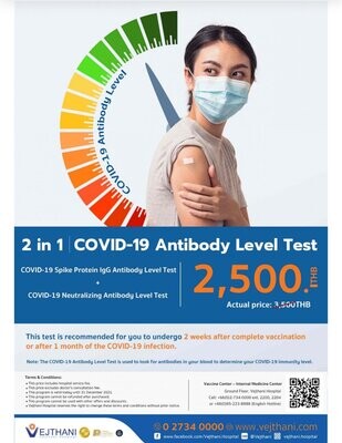 COVID-19 Spike Protein IgG Antibody Level Test + COVID-19 Neutralizing Antibody Level Test: 2,500THB.