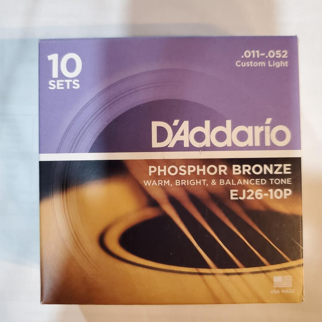 D'Addario EJ26-10P Custom Light Phosphor Bronze Warm Bright Balanced Tone Acoustic Strings