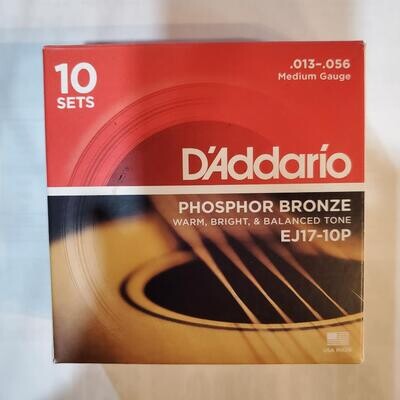 D'Addario EJ17-10P Phosphor Bronze Warm Bright Balanced Tone Medium Gauge Acoustic Strings
