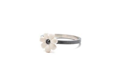 Sanchez, JacQueline, Lego Daisy and black diamond ring- sterling silver with patina finish sz8.5