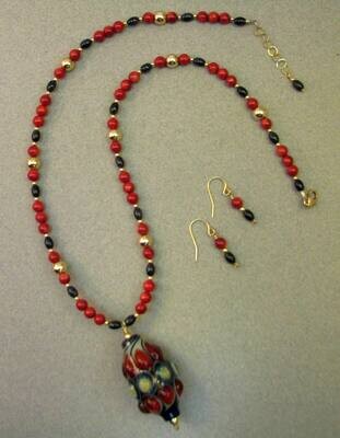 Ellen Athens- N14-24 Red and Blue Glass Bead Necklace