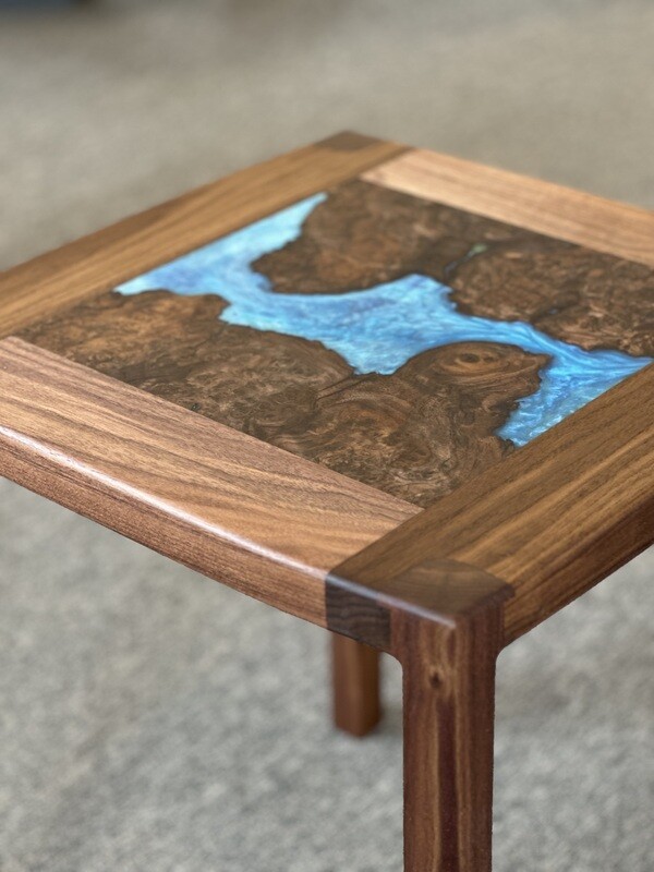 Michael Doten, River Table, Live Edge Walnut Burl. 17" Square 20" tall