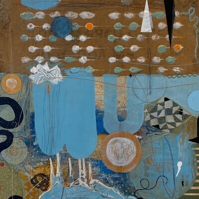 Suzanne Lewis "What will you Leave us Behind" acrylic, collage, crayon, pencil with cold wax fiinish.