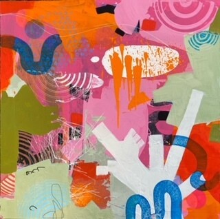 Suzanne Lewis "Its My Party..." 18x18 mixed media on wood panel
