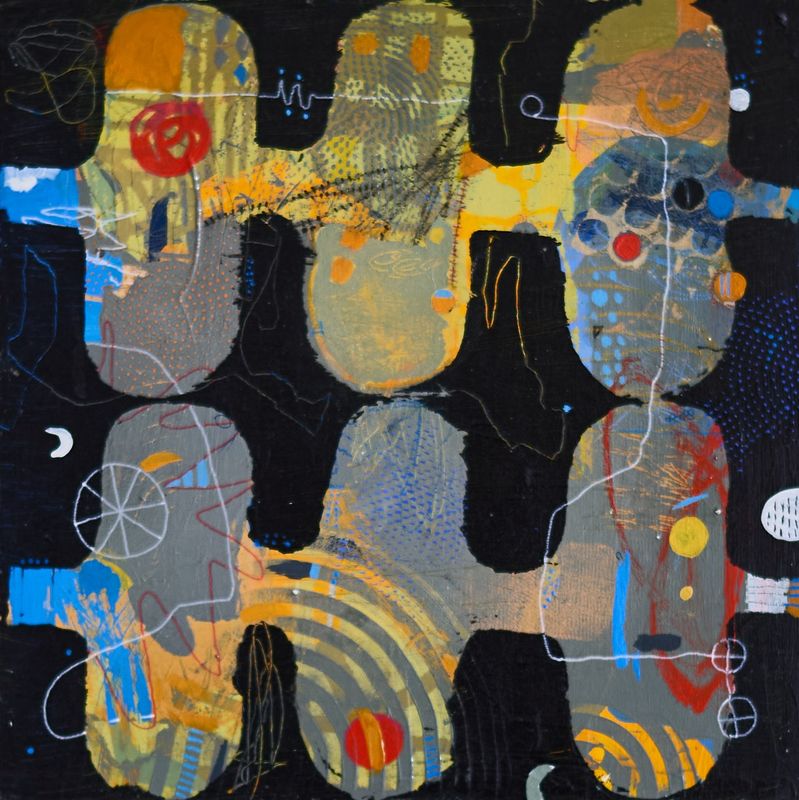 Suzanne Lewis, Best Friends, Acrylic, mixed media 12x12 inches on wood panel