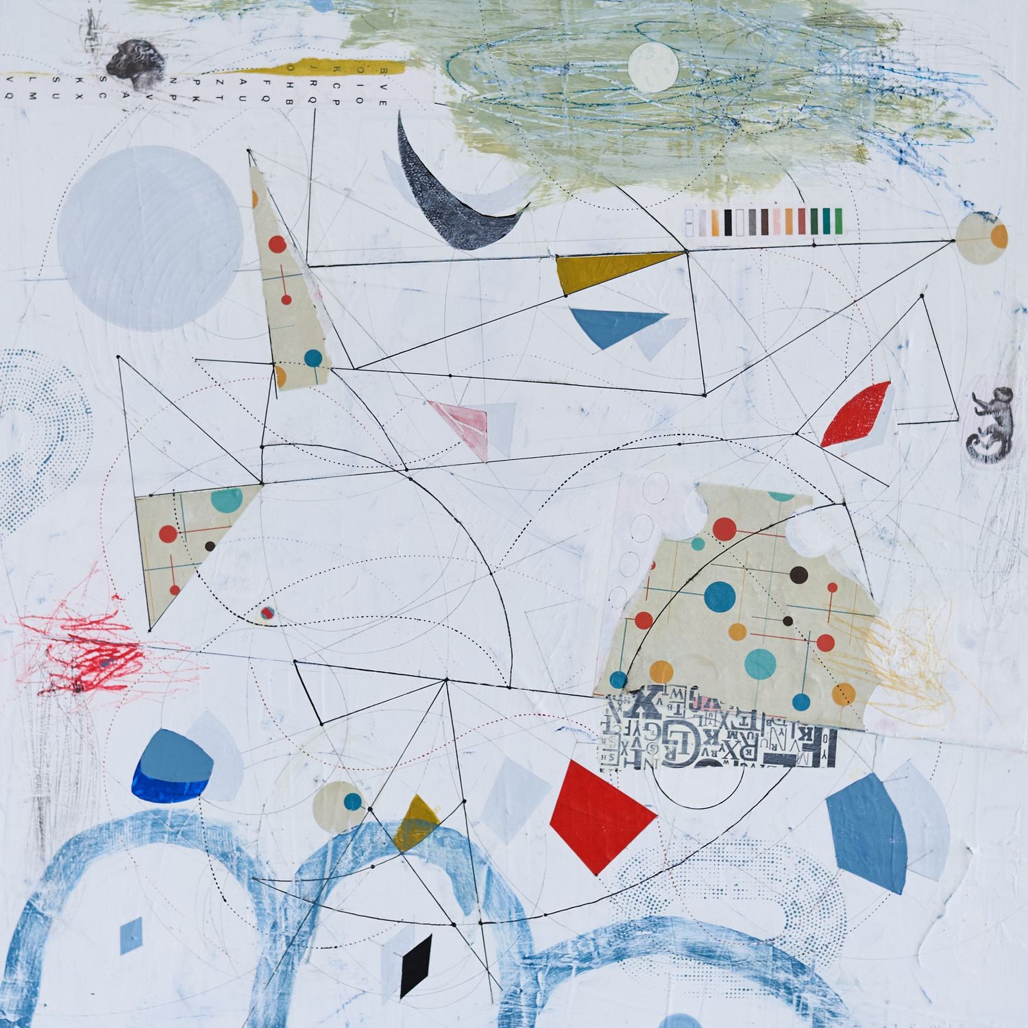 Suzanne Lewis, Monkey Mind, acrylic mixed media 20x20 inches on wood panel