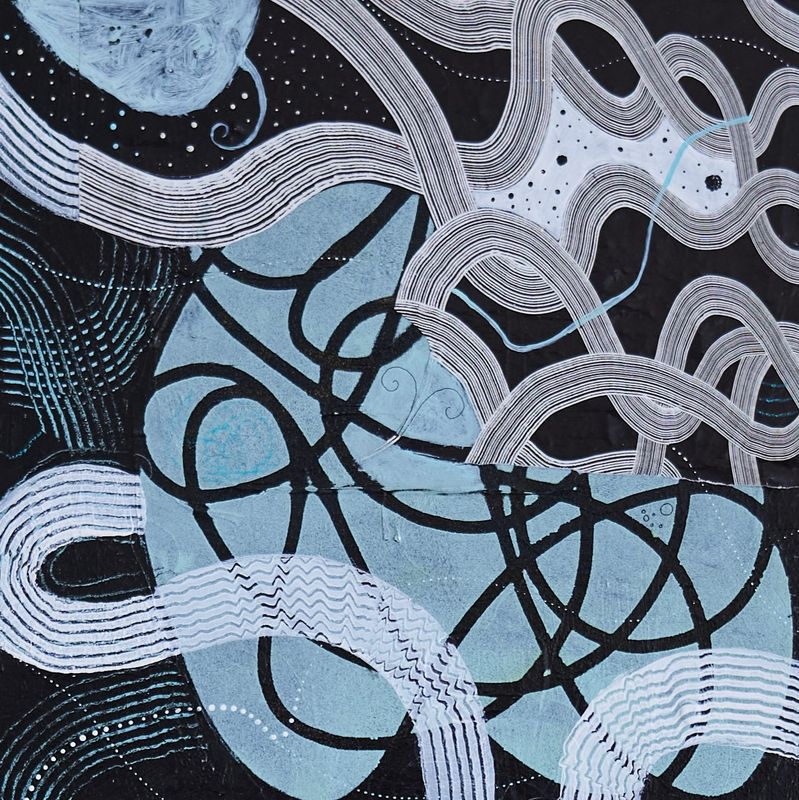 Suzanne Lewis, Looping on Creme de Menthe, Acrylic, mixed media 10x10 inches on wood panel