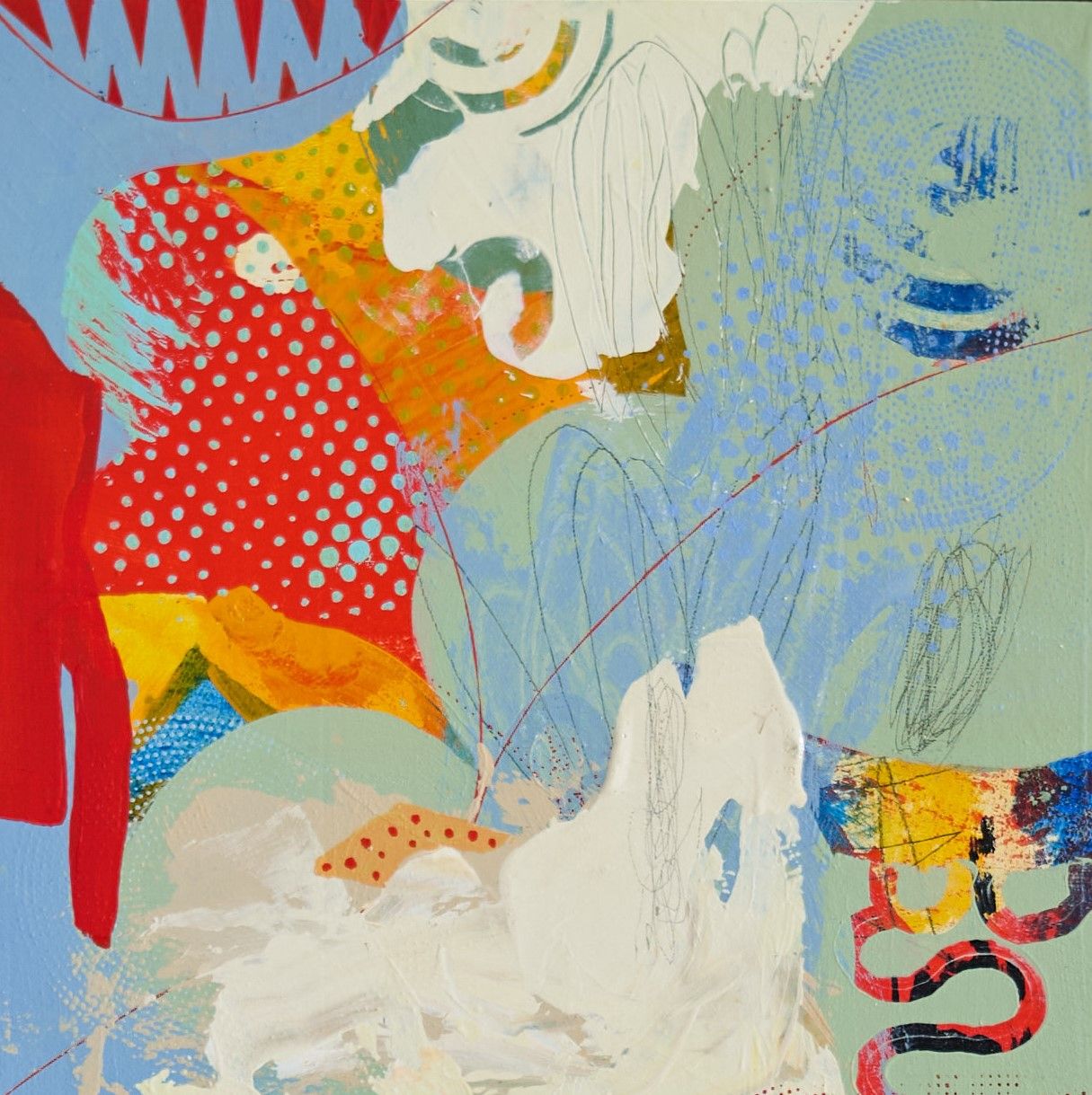 Suzanne Lewis, Red on Yellow Kill a Fellow, Acrylic, mixed media 10x10"