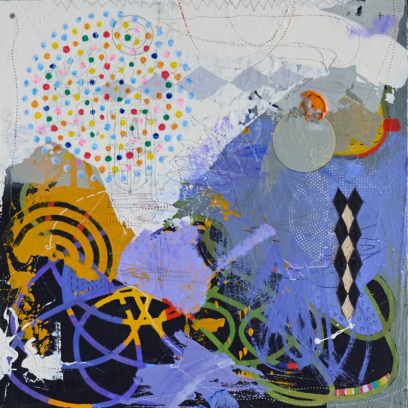 Suzanne Lewis, She's Got a Ticket to Ride. Acrylic, mixed media 12x12 inches on wood panel