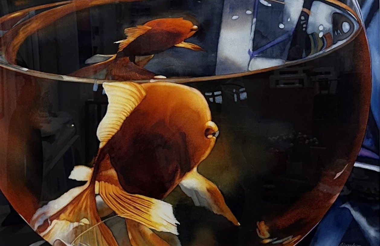 Kathleen Alexander - "Be a Goldfish" - 19"x29" framed watercolor on paper