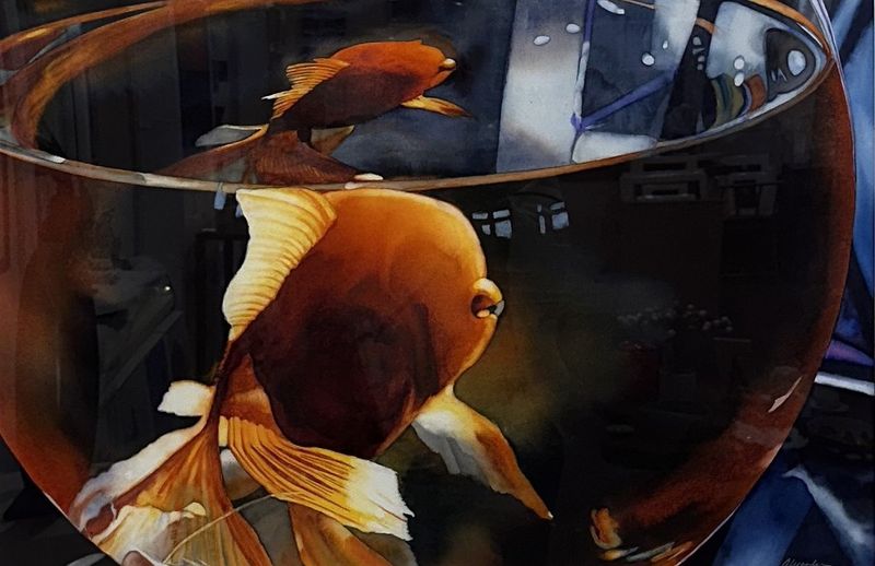 Kathleen Alexander - "Be a Goldfish" - 19"x29" framed watercolor on paper