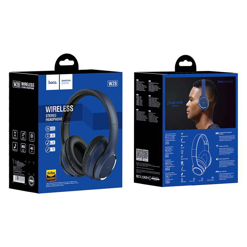 hoco-w28 journey wireless headphones package front back blue
